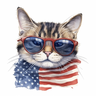 4th of july, cat in sunglasses, with american flag bandana, beautiful, realistic, colored pencil and watercolor, white background, clipart, illustration, comic, magic