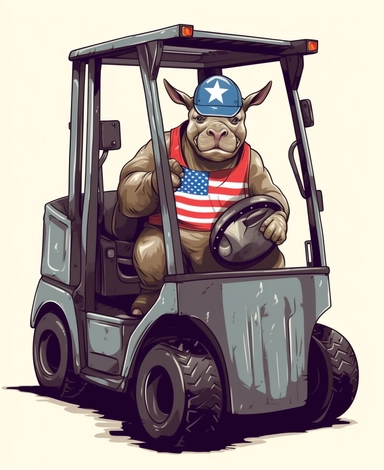 Showcasing a cartoon rhinoceros as a forklift operator, with the design featuring patriotic motifs and symbols inspired by the American flag. The overall design can appear polished and poignant, with the rhinoceros proudly operating the forklift, that can be used as a sticker, colorful, highly detailed, with a white background, in the style of Pixar clipart, and no cut off edges.