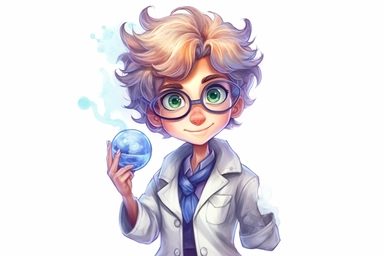 Watercolor, Generate a cartoon character wearing a lab coat and goggles, portraying a female scientist clipart, hd, on a white background, spaced out