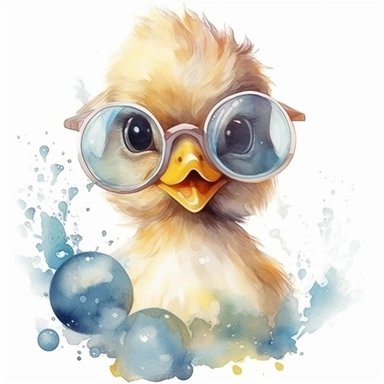 Cute duck BABY WITH GLASSES AND blowing chewing gum bubble, BIG BEAUTIFUL SHINNING EYES, HEAD TWISTED DOWN TO THE SIDE, Watercolor Little Animals Clipart, LEAVES AND TREE