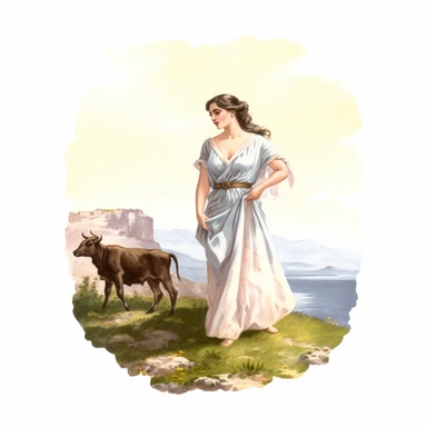 vintage watercolour clipart of an athletic brunette Greek queen in her early 30s standing serenly on a lush hillside in ancient Macedonia next to a calf, white background
