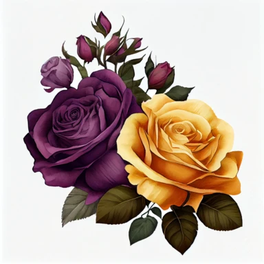 a group of 2 detailed roses together ,the colors are Mustard Yellow and Deep Purple arranged clipart, watercolor, 8k, white blank background