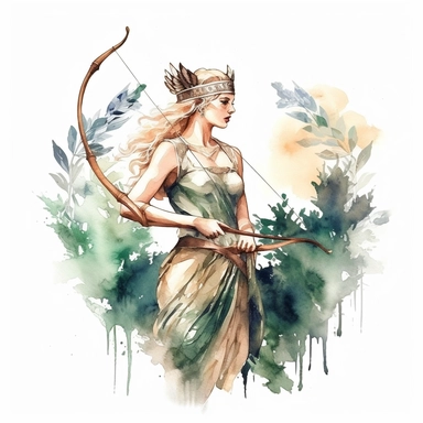 Fantasy Style Ancient Rome style Young and Hunter Goddess holding bow and arrow with watercolor effect,Bay leaves,suitable for digital clipart,white background,Mythologic Scene,Ancient rome fashion