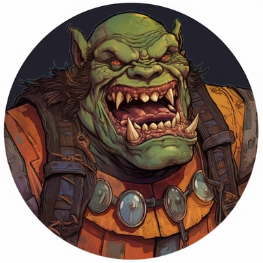 A circular tondo depicting a Dungeons & Dragons character orc orcish badass boss warrior bandit, Mike Allred Josh Kirby Mad Max Lord of the Rings, handpainted punk zine indie retrowave, clipart illustration, solid background