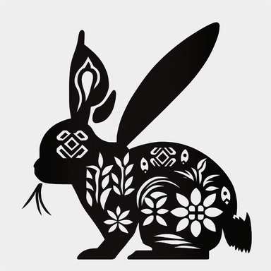 Chinese New Year rabbit, paper cut style, silhouette, black on white background, simple shapes, svg, vector graphic, hd vector, clipart, minimalistic simple