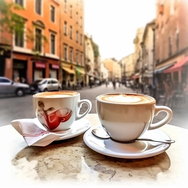 coffee cups on table, city street on the background, light watercolor, watercolor painting, happy, illustration style, clipart, white background, perfect proportions,