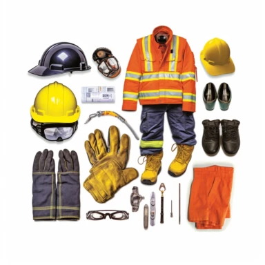 Against a pure white background, depict a variety of personal protective equipment (PPE) items such as safety goggles, a hard hat, gloves, and a high-visibility vest. Each item is neatly arranged, indicating the importance of using each piece of equipment for safety. The image should be designed in a clipart style, with bold outlines and vibrant colors to highlight the protective equipment. The image should be photorealistic, highly detailed, and in high-resolution 16k.