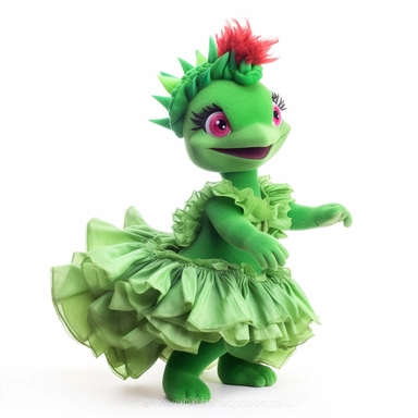 green baby girl Godzilla, looks like an alien, doing high step dance moves, wearing a designer dress made from Phoenix feathers , ultra high fashion, wearing ruby neck scarf, techno lighting, disney cuteness, plain white background, cutout clipart