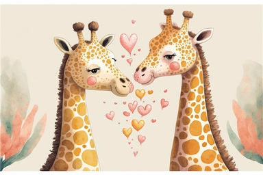 giraffe couple love valentine, Kawaii style, watercolor clipart, flat colors, ultrahigh details, high quality, almost vector style, white background, 8k,
