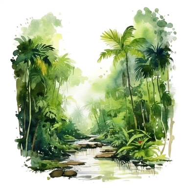 amazon rain forest, clipart, watercolour, white backgrounds