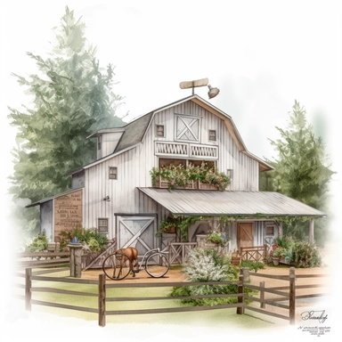 pretty white painted barn clipart, painted white, pretty charming farmyard setting with plants trees and farm accessories, fence, detailed watercolor illustration, light color palette, farmyard accessories, isolated on white background
