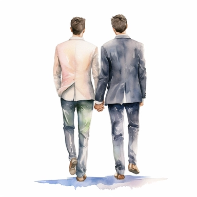watercolour gay wedding couple from behind, clipart on white background, highly detailed, professional color gradation, clean sharpness