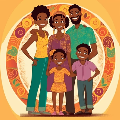 Dive into a world of color and happiness with this vibrant clipart featuring a delightful black family. This illustration captures the essence of love, togetherness, and cultural as it portrays a beautiful family unit. The man, exuding strength and charm, stands tall next to the woman, radiating grace and confidence. Their children, filled with joy and curiosity, complete this picture of warmth and unity. Adorned in a myriad of eye-catching colors, representing the rich tapestry of their heritag