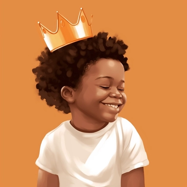 brown-skinned toddler boy wearing an orange shirt, with a gold crown, , afro hairstyle, laughing, sideview, soft illustration, minimalist art, clipart, faceless