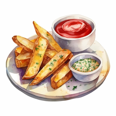 Watercolor detailed illustration ofPotato wedges served with dipping sauce on a plate, clipart, white background