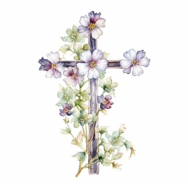 Watercolor sketch of floral cross, natural single design, highlydetailed, clipart style, white background, 8k