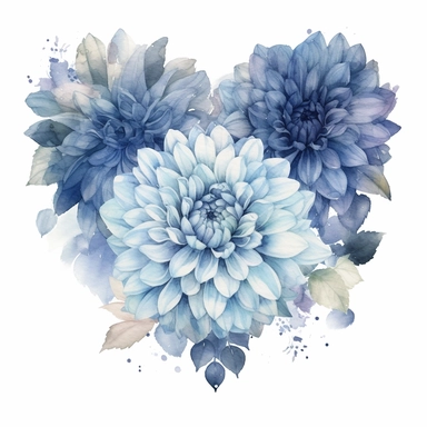 a heart shape made with soft blue and pastel blue Dahlia flowers, wet on dry watercolour style, dark gothic antique look, clipart, white background