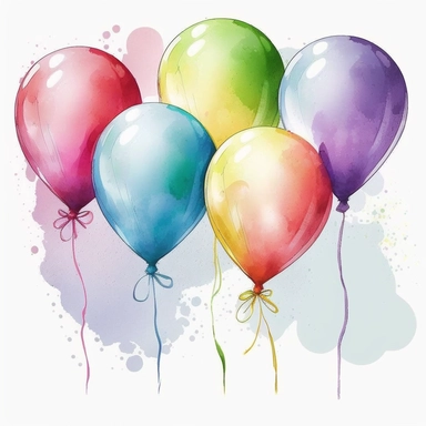 watercolor clipart of 5 colorful balloons , there are ribbon and bowknot on each balloon,vector illustration,white background, no text, no watermark, no extra ribbon, no blurred v4