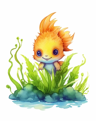 watercolor cute baby fish with sea moss clipart high quality