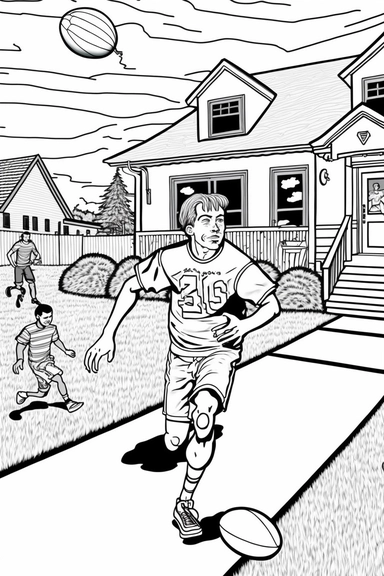 Playing football in the front yard, realistic modern cartoon style, bold black lines, in style of coloring book page for adults, illustration, BLACK AND WHITE, clean lines, vector lines, hand drawn, clipart, printable outlined art, white background, white