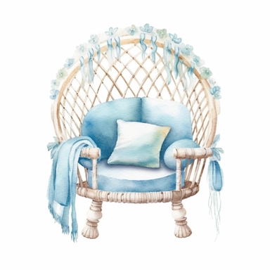 cute watercolor newborn boho Woven Macrame newborn bed, isolated white background, babyshower clipart, 8k, white light blue colors