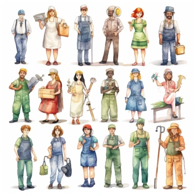 create watercolor cliparts of professions, e.g. mechanic, doctor, etc. minimum 20 professions