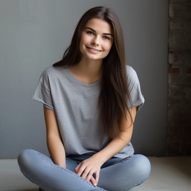create a stock photo of a girl sitting against a wall with a heather grey shirt on, make sure the shirt can be used to add clipart to, make the face of the model not appear in the frame