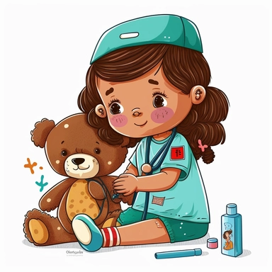 a cartoon clipart image featuring a cute eight-year-old girl playing doctor with her teddy bear, on a plain white background. The bear should look as if it has a cold or is slightly ill, perhaps with a runny nose. Make the image colorful and engaging.