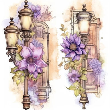 a page of watercolor flowers and street light card collections, set of 2 cliparts, in the style of steampunk-inspired designs, light violet and beige, great contrast, altered and substituted canvases, art arrangement, photographic source, matte, insanely detailed and sharp, some splash with alcohol ink, nouveau réalisme