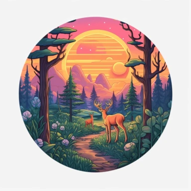 Sticker logo, featuring trees, lush foliage, and woodland creatures like deer or squirrels, capturing the essence of camping in nature, on transparent background free clipart, in the style of digital painting and drawing, 2d game art, scoutcore, anime-influenced, cabincore, high resolution, light sky-blue and dark maroon