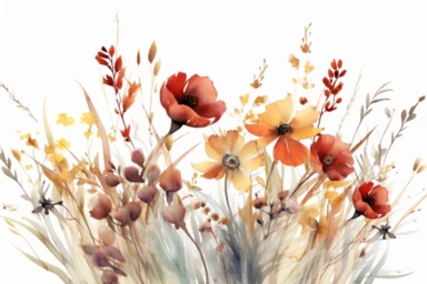 enchanted MAROON AND DUSTY YELLOW flower FIELD WATERCOLOR HAND PAINTED clipart, GREEN WILD LEAVES BETTWEEN FLOWERS AND IN THE BACK, WATERCOLOR AIRY PASTEL COLORS, VISIBLE WATERCOLOR BRUSH TOUCHES, DREAMY AND ELEGANT, COLORFUL DREAMY FLOWERS, white background, WATERCOLOR 8k,