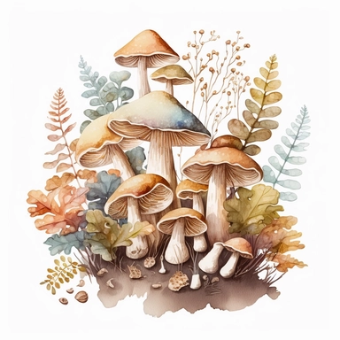watercolor, a bunch of Birch polypore mashrooms in pastel beige color, a lot of details, good quality illustration, clipart, white background