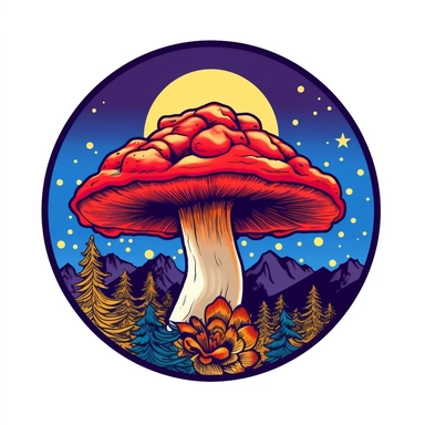 graphic bold, magic mushroom round logo, clipart, Colorado state flag colors