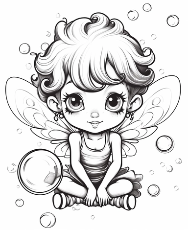 bi-racial Bubble Fairy, with wings, blowing bubbles, Kawaii for a childrens book, cartoon style, thick lines, black and white, no shading, line drawing illustration, no kid faces, no duplicate faces, blurry, drawing, cartoon, illustration, painting, concept art, cgi, unreal, anime, black&white, b&w, picture frame, deformed, bad anatomy, disfigured, poorly drawn face, mutation, mutated, extra limb, poorly drawn hands, done by bad-artist, ugly, dazed, 3D render, 3D game, 3D game scene, 3D characte
