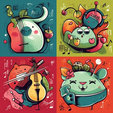 cartoon music clipart iheartvins, in the style of pop art-inspired compositions, made of vegetable, bold, manga-inspired characters, richard scarry, concert poster