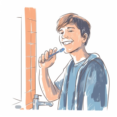 drawing of a happy male teenager in the bathroom, brushing his teeth with a toothbrush . He is wearing pajamas. The style is simplistic and used for clipart and thumbnail. Plain white background.