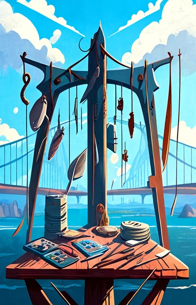 bridge, sky, rope, knives, forks, spoons, sky, background, fish,book illustration style, by Digital-Vector-Illustration Jordan-Grimmer-Concept-Painting, watercolor clipart, hyperdetailed painting, beautiful scene, cartoon, flat colors, 50mm, f1.4