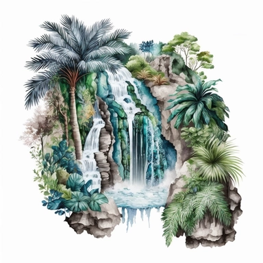 watercolor perfect detailed complicated tropical waterfall clipart with white background realistic colors, white background