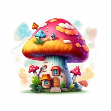 Mushroom house on the cloud with rainbow, on a white background, Illustration clipart, 4K, extremely detailed