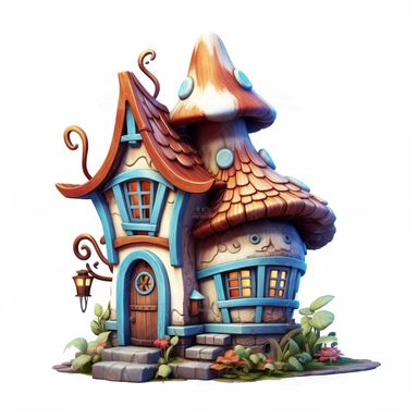 clipart, shades of blue and brown fairy house isolated on a white background, vector, pastel colors, realistic, 3D, no shadows