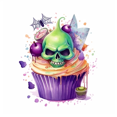 delicious Halloween cupcake with vibrant green and purple colours, witches hats, skulls, spiders and bats, candy confetti, owatercolour illustration clipart, extremely detailed, 4k, high quality, isolated on white background