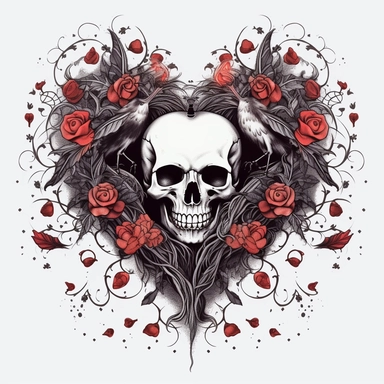 Design a gothic-inspired tattoo using the Gothic Floral Heart Clipart as the central motif. Incorporate elements such as skulls, ravens, or other dark symbols to convey a sense of mystery and intrigue. clipart, white background