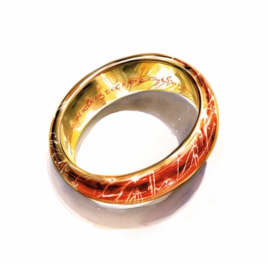 Solid white background, Detailed watercolor the one ring from lord of the rings clipart. The ring is glossy smooth solid reflective gold and the finely engraved elvish markings are glowing red hot as if from a forge