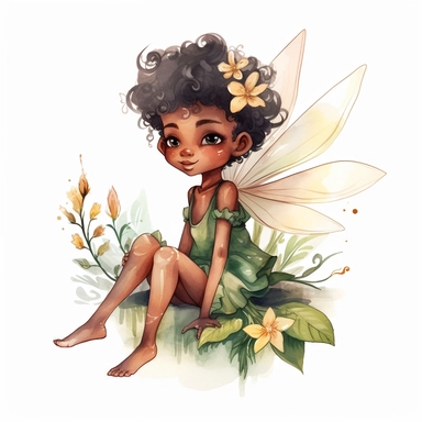 ultra beautiful cute baby girl black skin fairy elf, pixie with beautiful buttefly style wings in a sitting position holding a flower in the woods clipart, water color illustration, mary cecily baker style ,white background