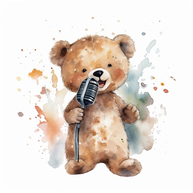 watercolor , character cute singer baby teddy bear, clipart, vector, on white background, 8k