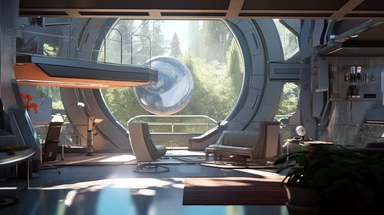 movie clip scene cool mid day of summer, exterior shimmering lights and shadows over living room studio library and kitchen open concept photographic high definition render, cold blinding shinny white fall light god rays shadows shimmering closeup detail concept art detailed painting with giant spaceship window of a cool industrial living quarters spaceship , huge over window with gorgeous galactic view, happy blade runner android, cool airvehicle cockpit, living bedroom office, droid parts in s