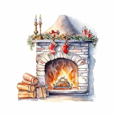 watercolor style, beautifully decorated christmas fireplace with slightly visible part of the wall behind it clipart, isolated on white background, 4K