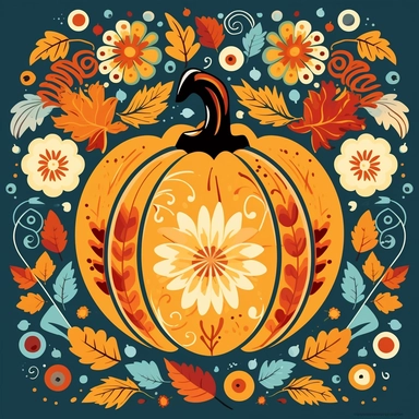 Design a pumpkin clipart inspired by folk art and folklore, where each section depicts a different cultural pattern associated with the autumn season. Explore patterns like paisley, rosemaling, or geometric motifs that symbolize harvest traditions and folklore from different regions.
