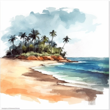 clipart a beautiful beach on white background, watercolor painting style, hand painted, dry on dry, realistic, texture, vibrant color, shadow, clear outlines, white background, few detail, 4K, high quality, studio Ghibli, Samuel Melton Fisher