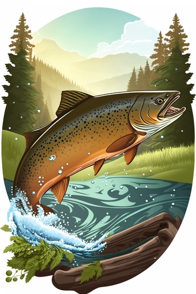 brown trout fish jumping out of a stream of water, Forest background, april, Rolling hills, fog, sunshine, digital art, clip art, cartoon